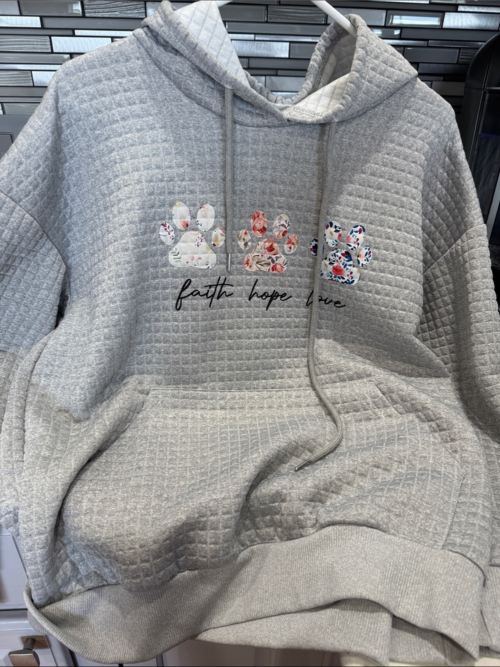 Gray Quilted Hoodie with Floral Paw Prints - Faith Hope Love